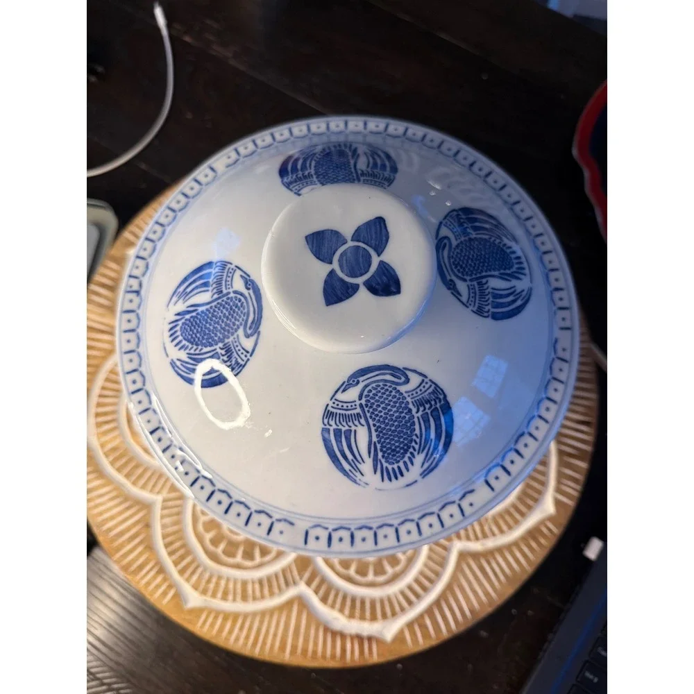 Vintage Blue and White Porcelain Crane Tureen Lidded Chinoiserie - 9in